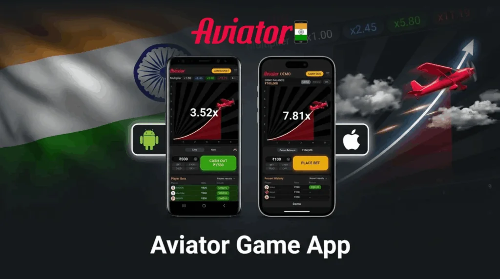 A mobile app featuring the Aviator game for Indian players